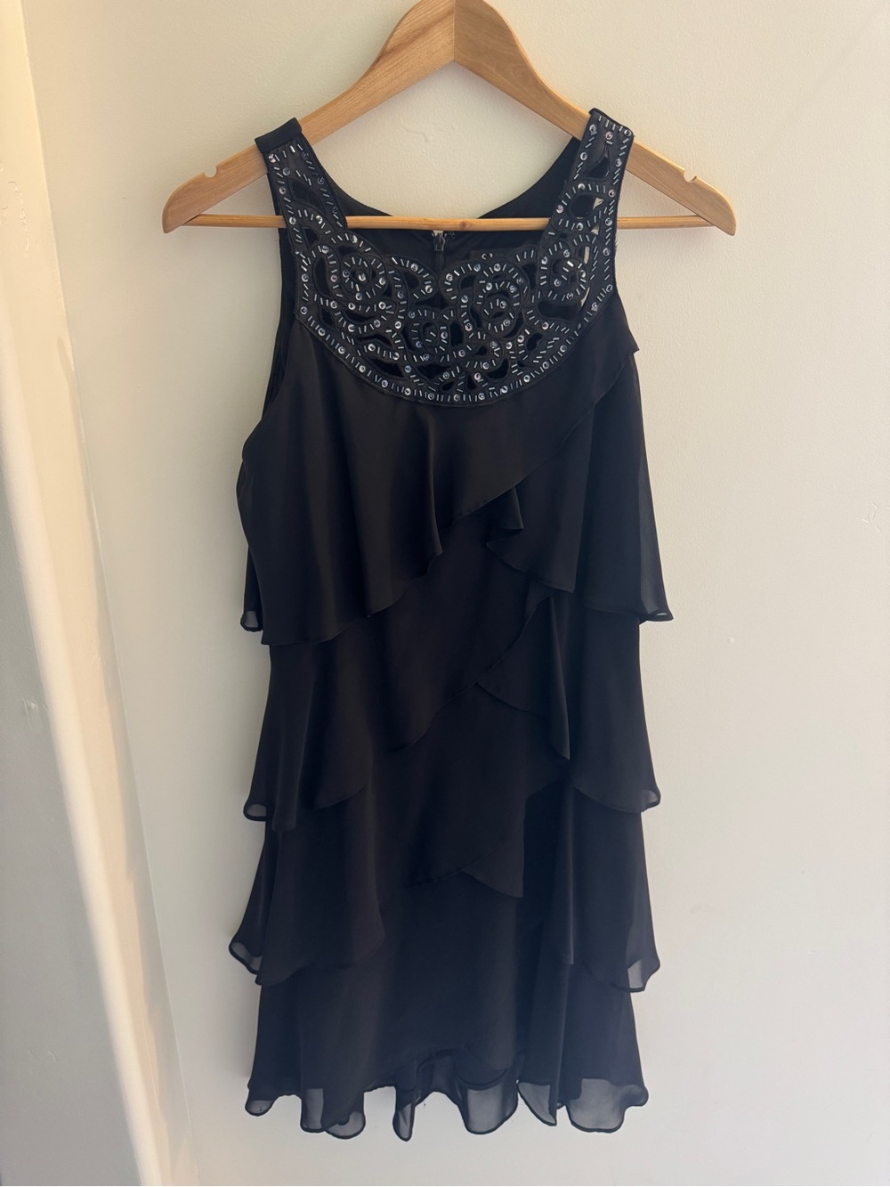 SL Fashions Black Tiered Midi Dress with Beaded Yoke